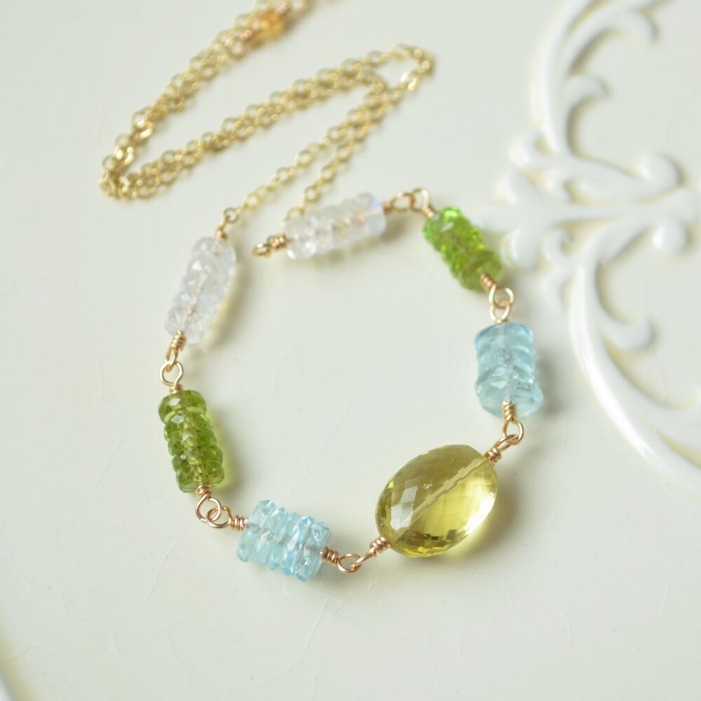 Luxe Gemstone Necklace with Lemon Quartz Peridot Aquamarine and Moonstone